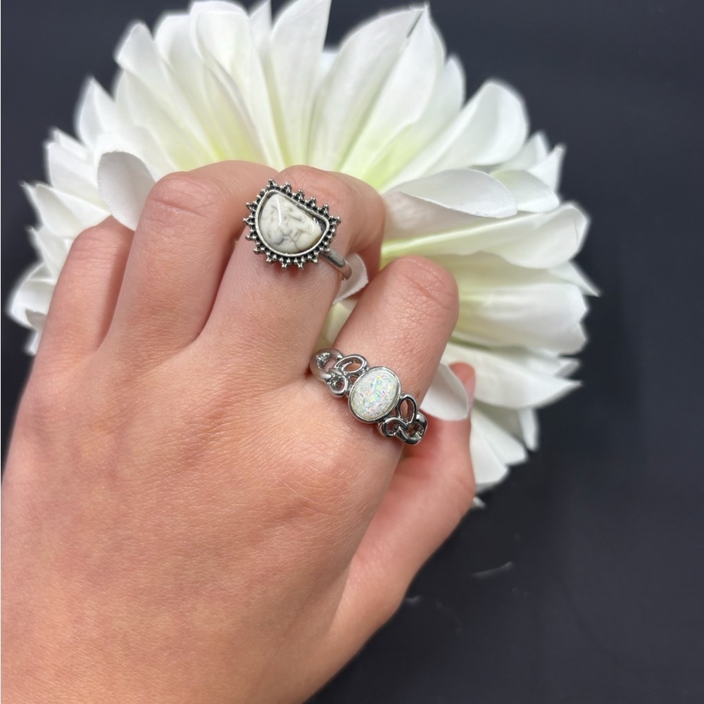 Boho Vintage Silver & White Opal Ring Set